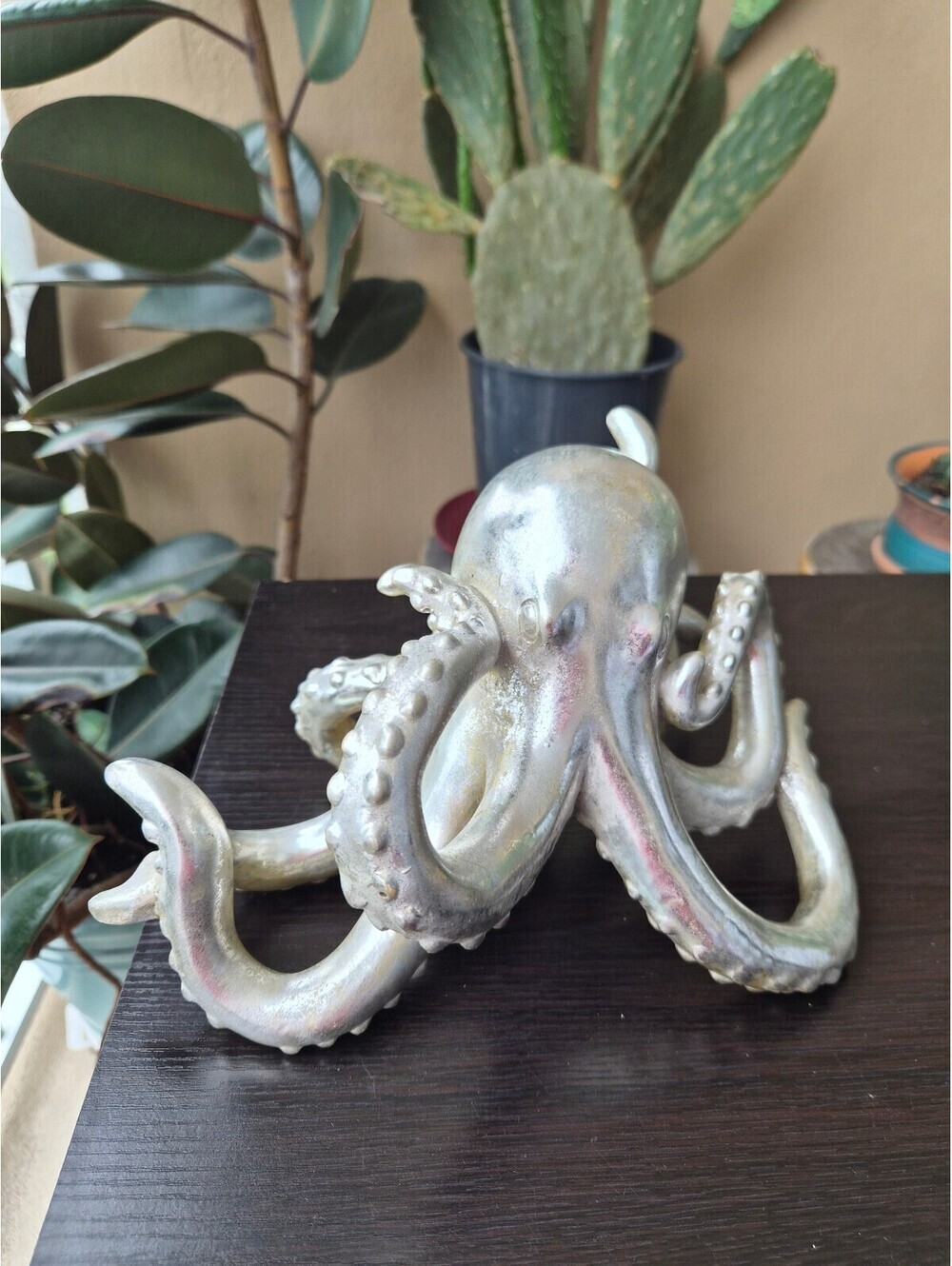 Large Silver Octopus Sculpture Coastal Nautical Tabletop Decor 12"